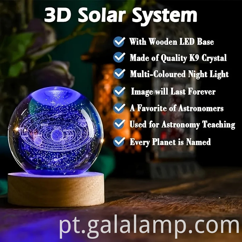 Star Planet Crystal Ball Night Light com lâmpada de base de madeira LED